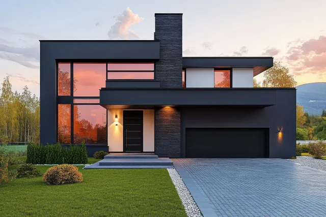 Modern house exterior with lit entrance, garage, driveway pavers, and trimmed lawn at twilight.