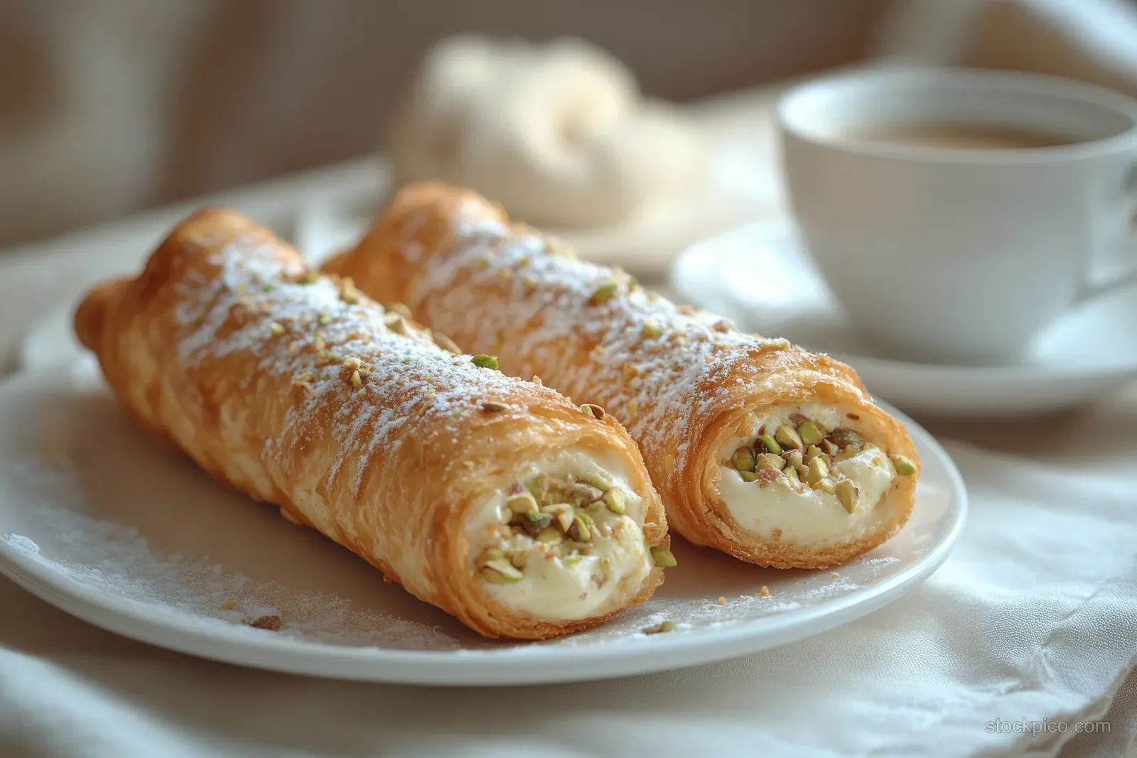 Pistachio cream cannoli on a white plate beside an espresso cup in soft morning light.