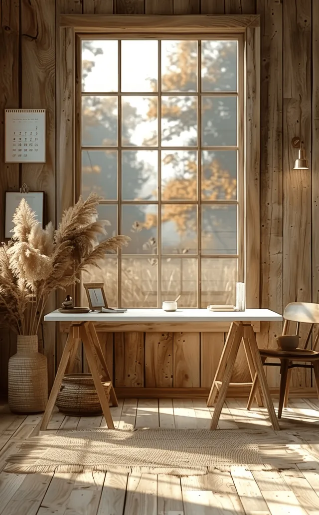 Scandi-boho living room desk mockup by large window with warm daylight and wooden frame