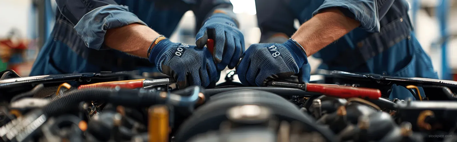 Gloved mechanic hands tighten an engine component with a wrench in a car repair bay.