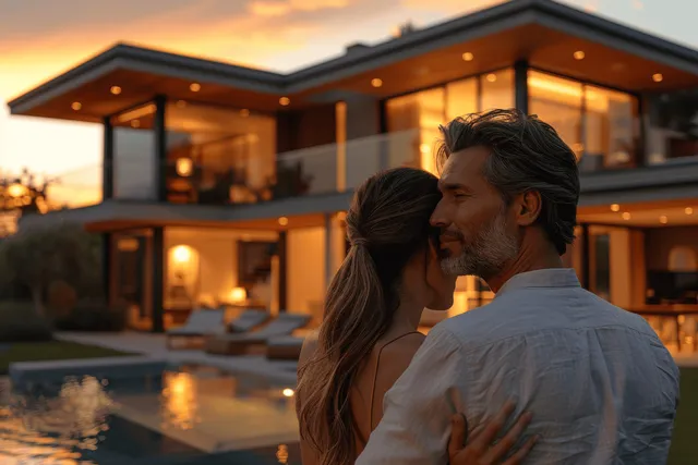 A couple embraces in front of a modern two-story home with warm lights during sunset.
