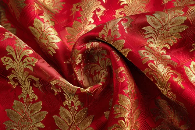 Red and gold silk brocade fabric with floral motifs and swirling ornamental texture