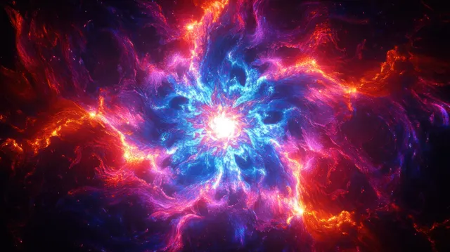 A bright white center explodes into swirling blue and fiery red-orange nebula energy in dark space.