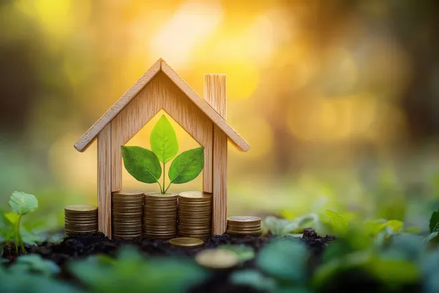 Wooden house model with a sprouting leaf inside, surrounded by stacked coins on soil against a blurred green background.
