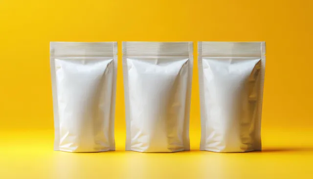 Three empty white resealable stand-up pouches are arranged side by side on a bright yellow background.