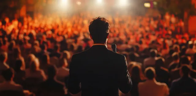 Silhouetted speaker faces a crowded conference audience under warm stage spotlights.