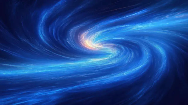 Deep blue vortex spirals inward toward a glowing light center with flowing luminous streaks.