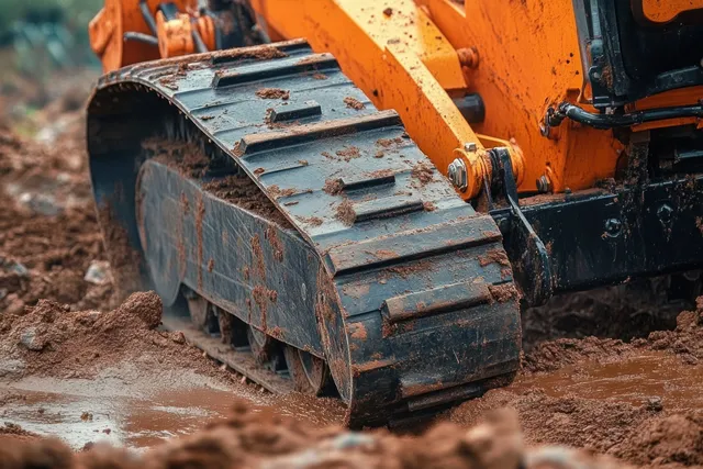 Excavator crawler track drives through muddy wet soil, with steel treads and dirt splashes visible.