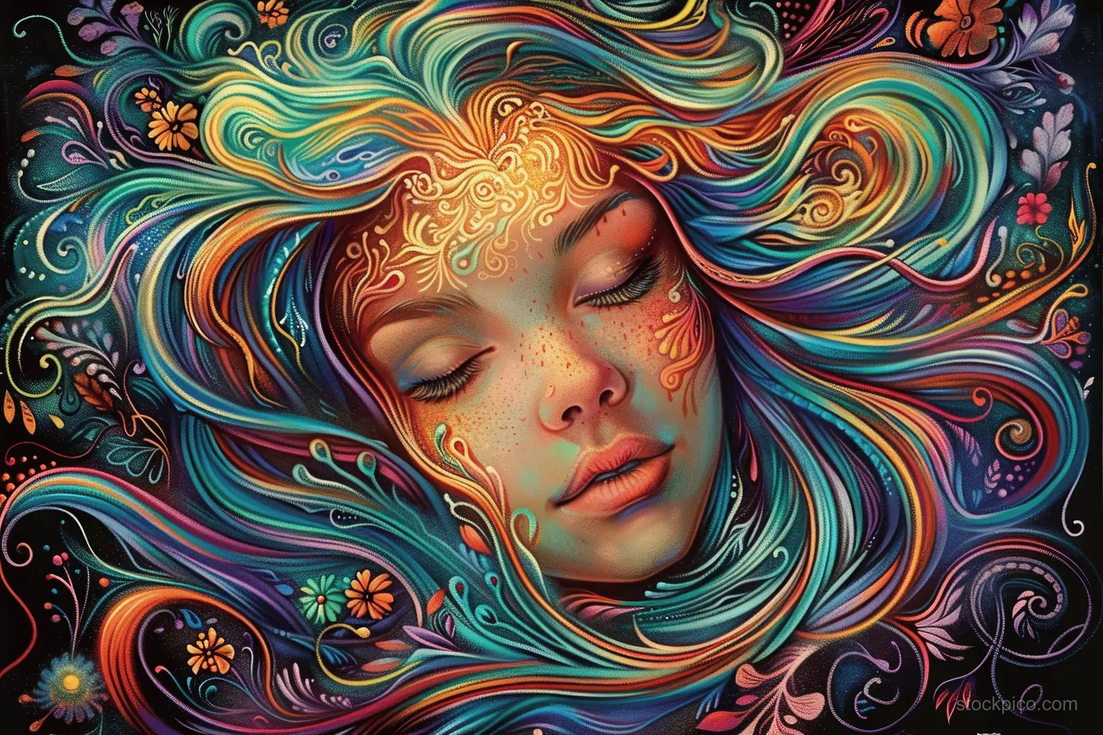 Psychedelic woman portrait with swirling rainbow hair and floral leaf patterns around her face.