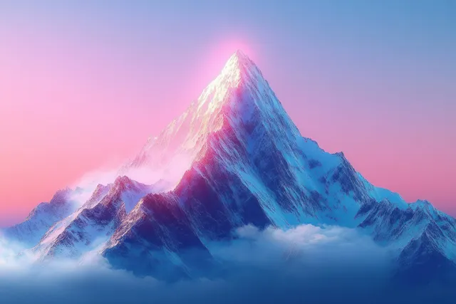 Snowy mountain peak rising above misty clouds under soft pink blue gradient sky