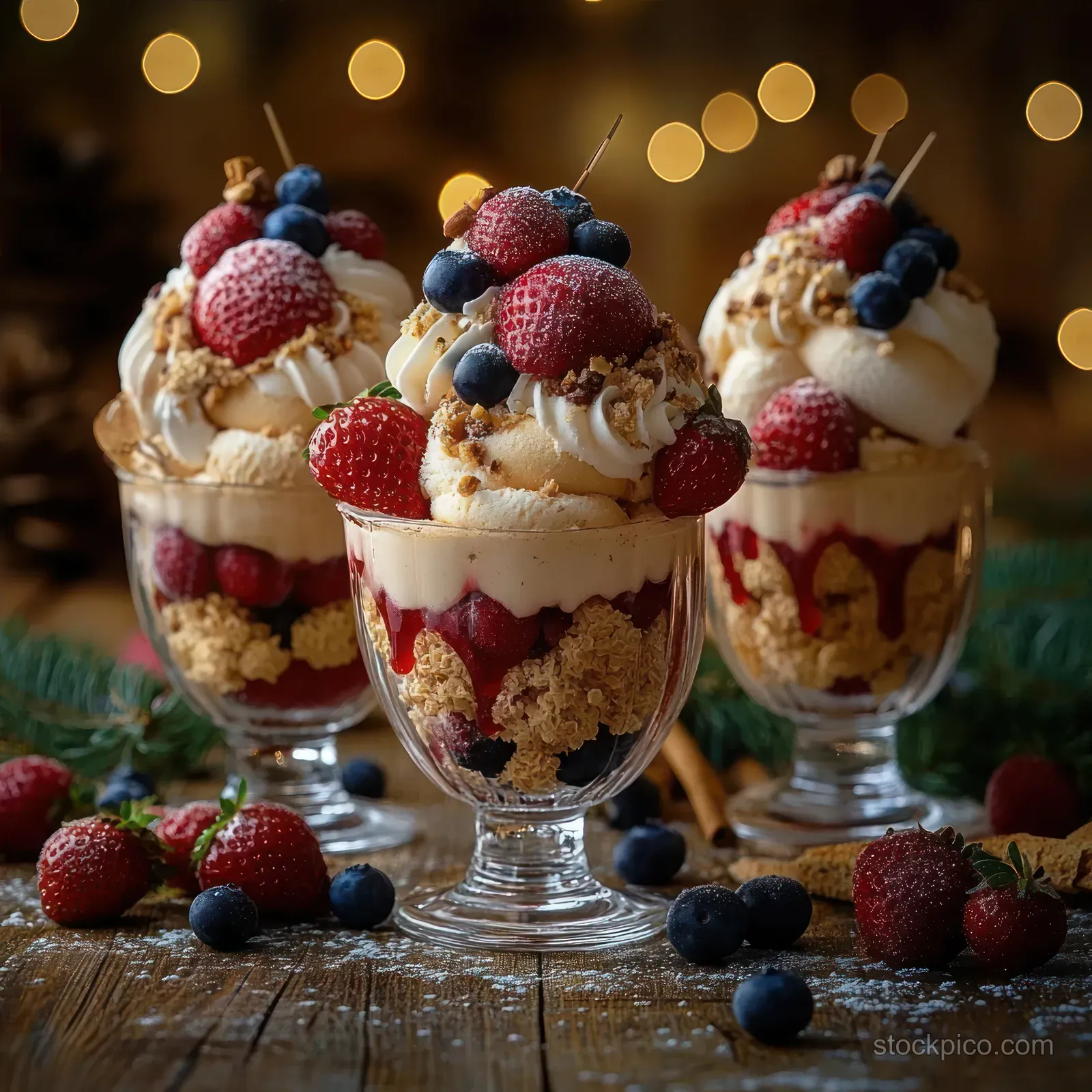 Three berry parfaits in glass cups topped with whipped cream, strawberries, blueberries, and raspberries on a rustic table.