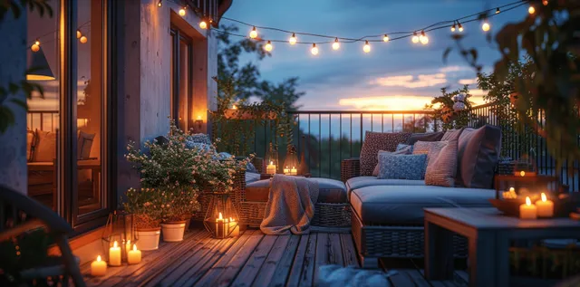 Warm string lights and candle lanterns illuminate a Scandinavian lounge terrace with sofa seating at dusk.