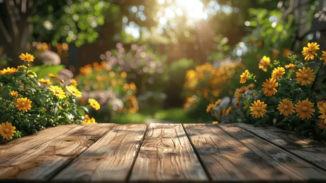 A wooden table sits in a sunny garden surrounded by yellow flowers and greenery.