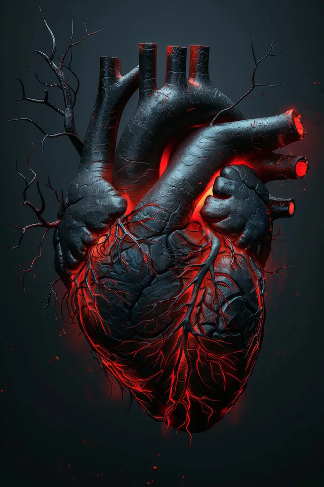 Dark anatomical heart with branching red-glowing vessels and aorta on a black background.