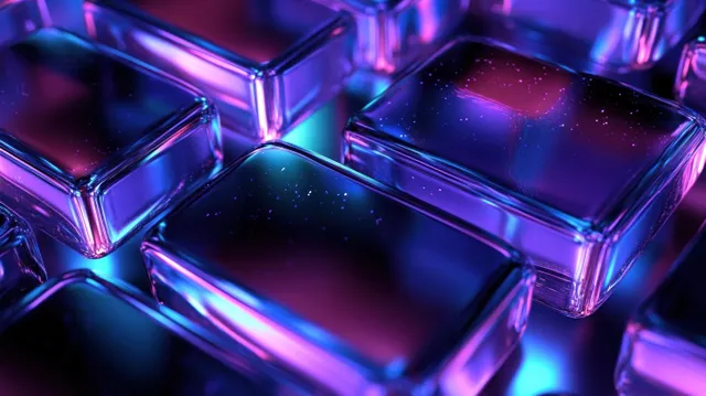 Neon-lit glass geometric blocks forming a futuristic cube pattern over a dark background