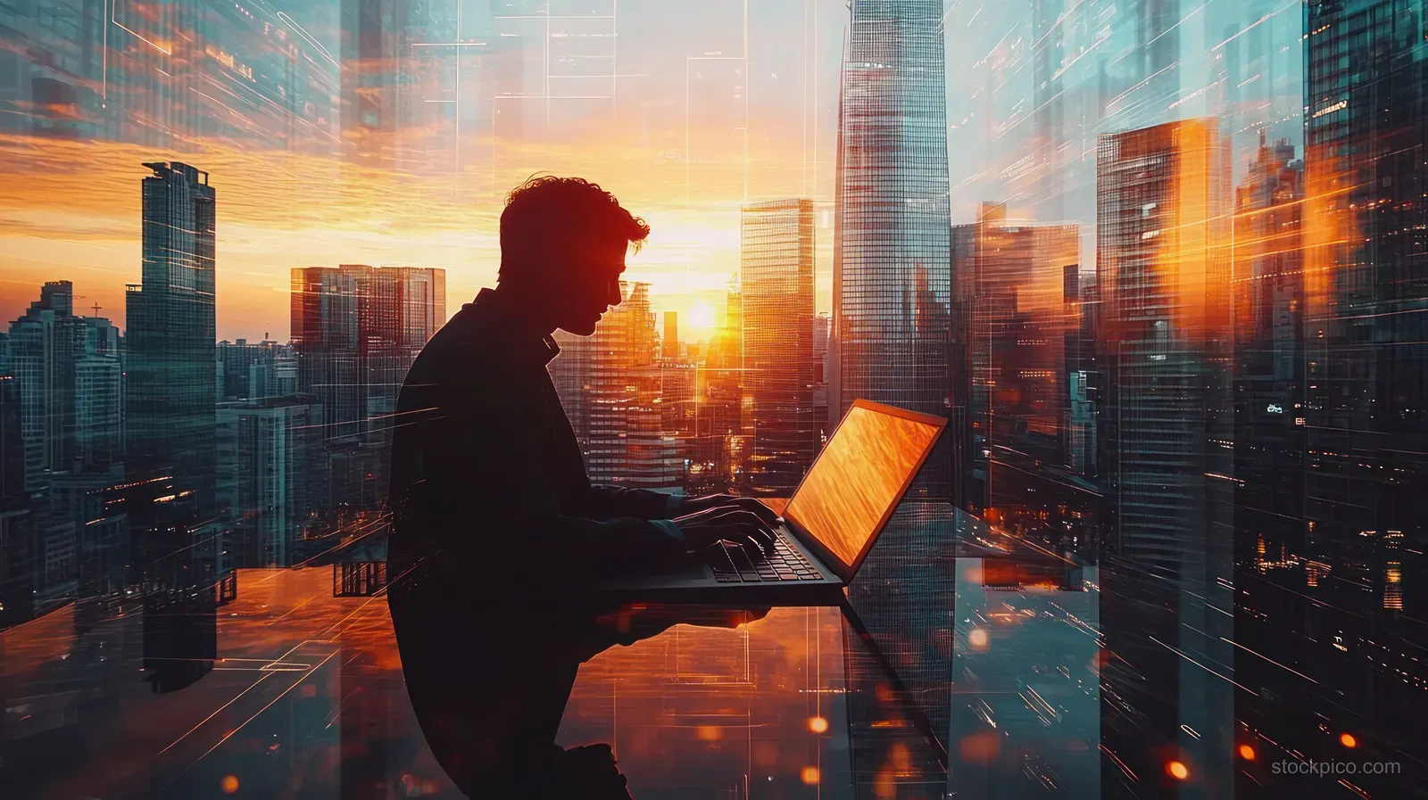 Businessman typing on a laptop in a high-rise office with a sunset city skyline seen through windows.