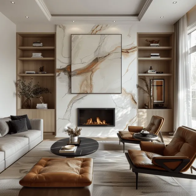 Sunlit living room with a marble fireplace, built-in shelves, leather seating, and a large abstract painting.