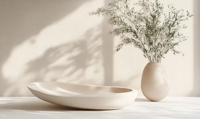 Brown marble-style podium with eucalyptus in vase for clean product presentation scene