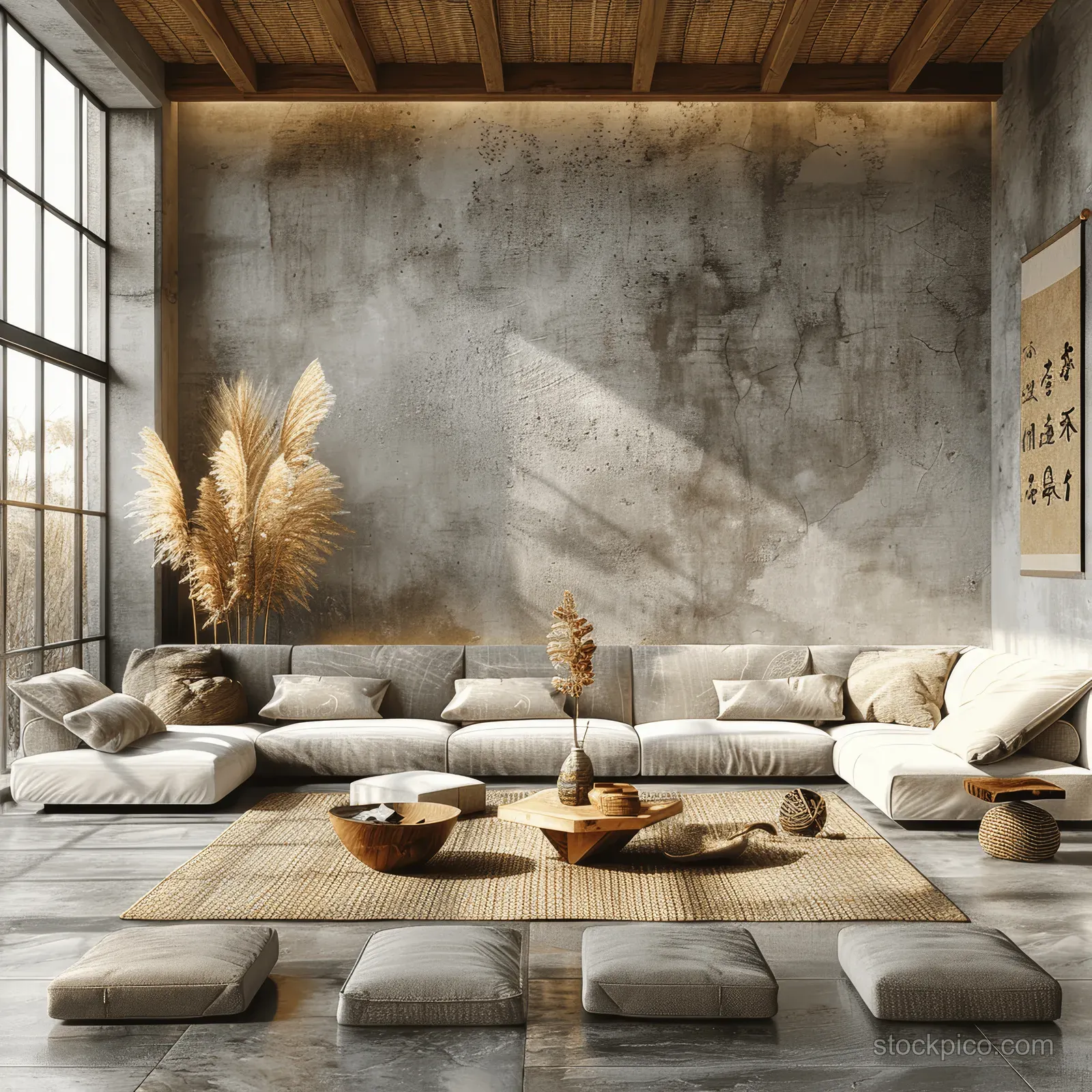 Minimal Japandi living room with floor cushions, woven rug, and a textured concrete wall behind wooden decor.
