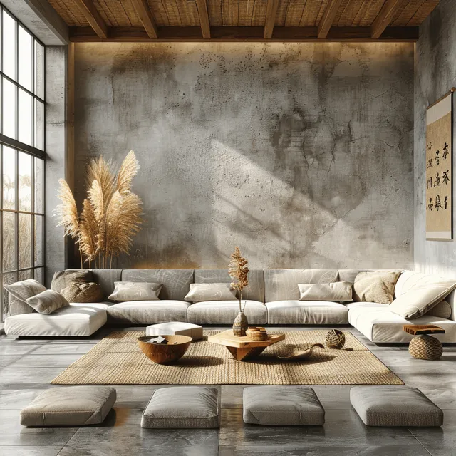 Japandi living room with concrete wall, light wood furniture, and floor seating