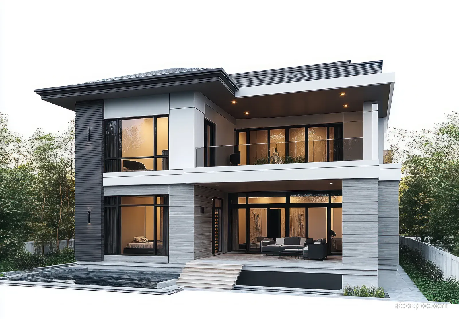 Modern two-story house with balcony, floor-to-ceiling glass windows, warm interior lights, and an outdoor seating patio surrounded by trees.
