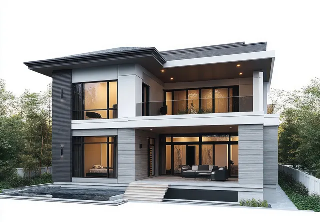 Modern two-story home with floor-to-ceiling glass, balcony, and warm patio lights