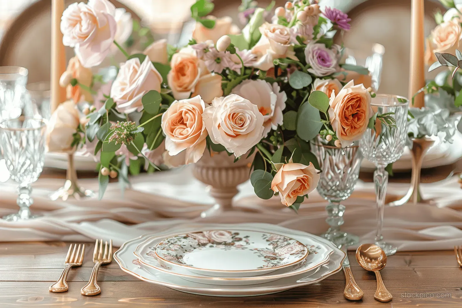 Dining table centerpiece of pink and peach roses with crystal glasses, fine china plates, and gold cutlery.
