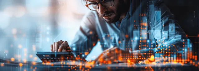 Businessman calculating on a desk with a calculator, reports, and a growth chart overlay.