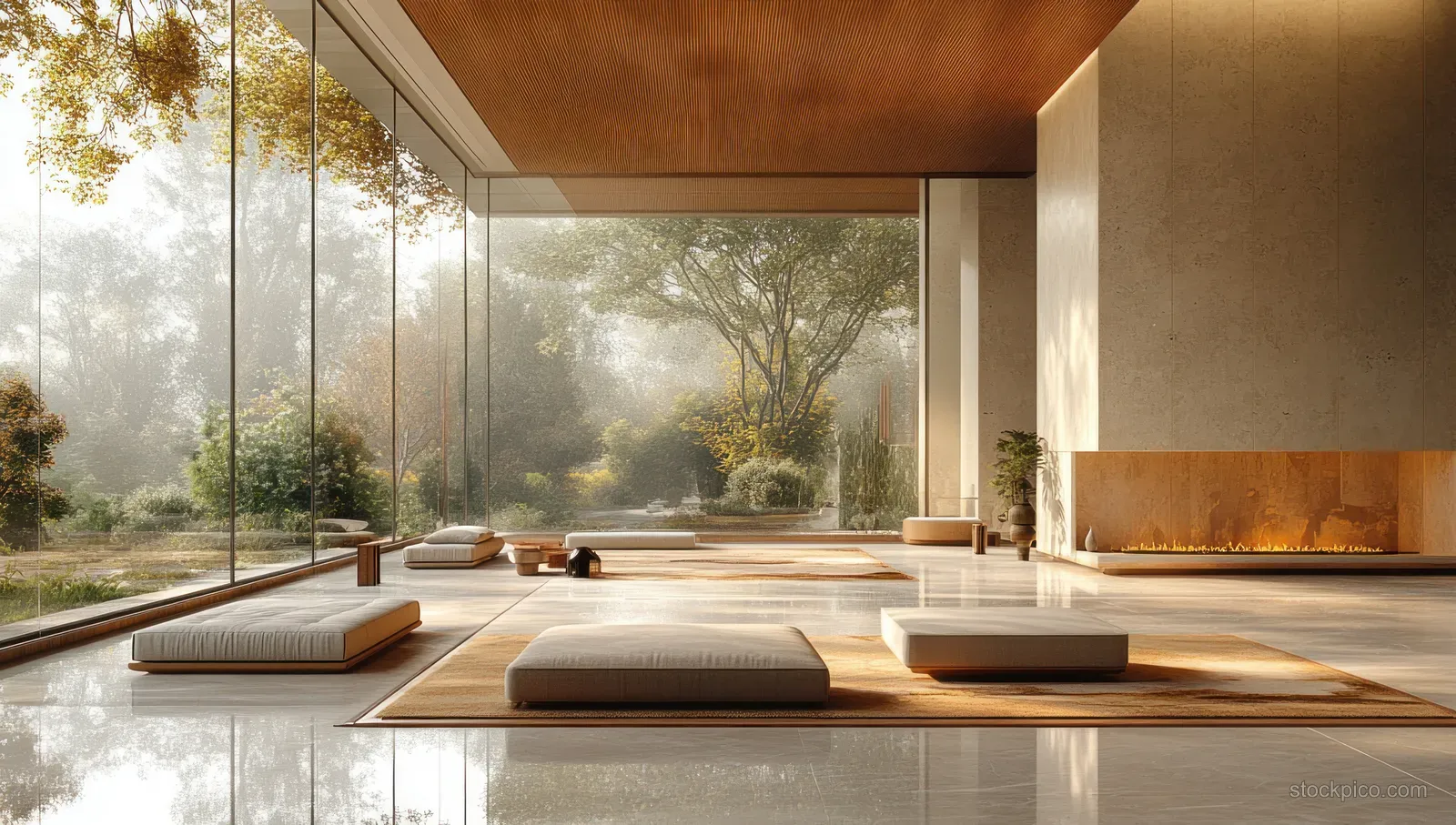 Minimalist loft living room with glass walls, wooden ceiling, sunlit cushions, and a leafy garden view.