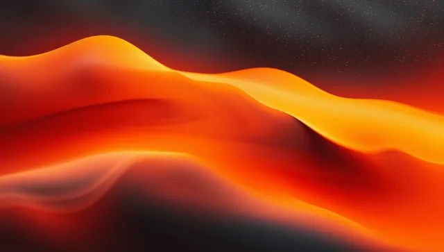 Abstract orange flame-like gradient waves on a dark black background with grainy smoky texture.