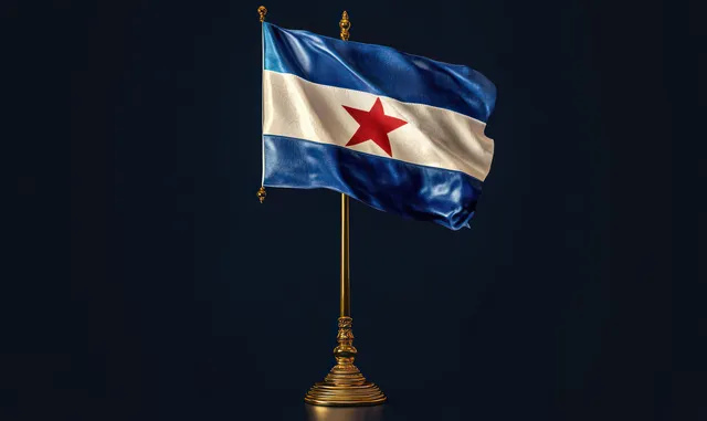 Blue and white flag with red star waving on ornate gold flagpole against dark background