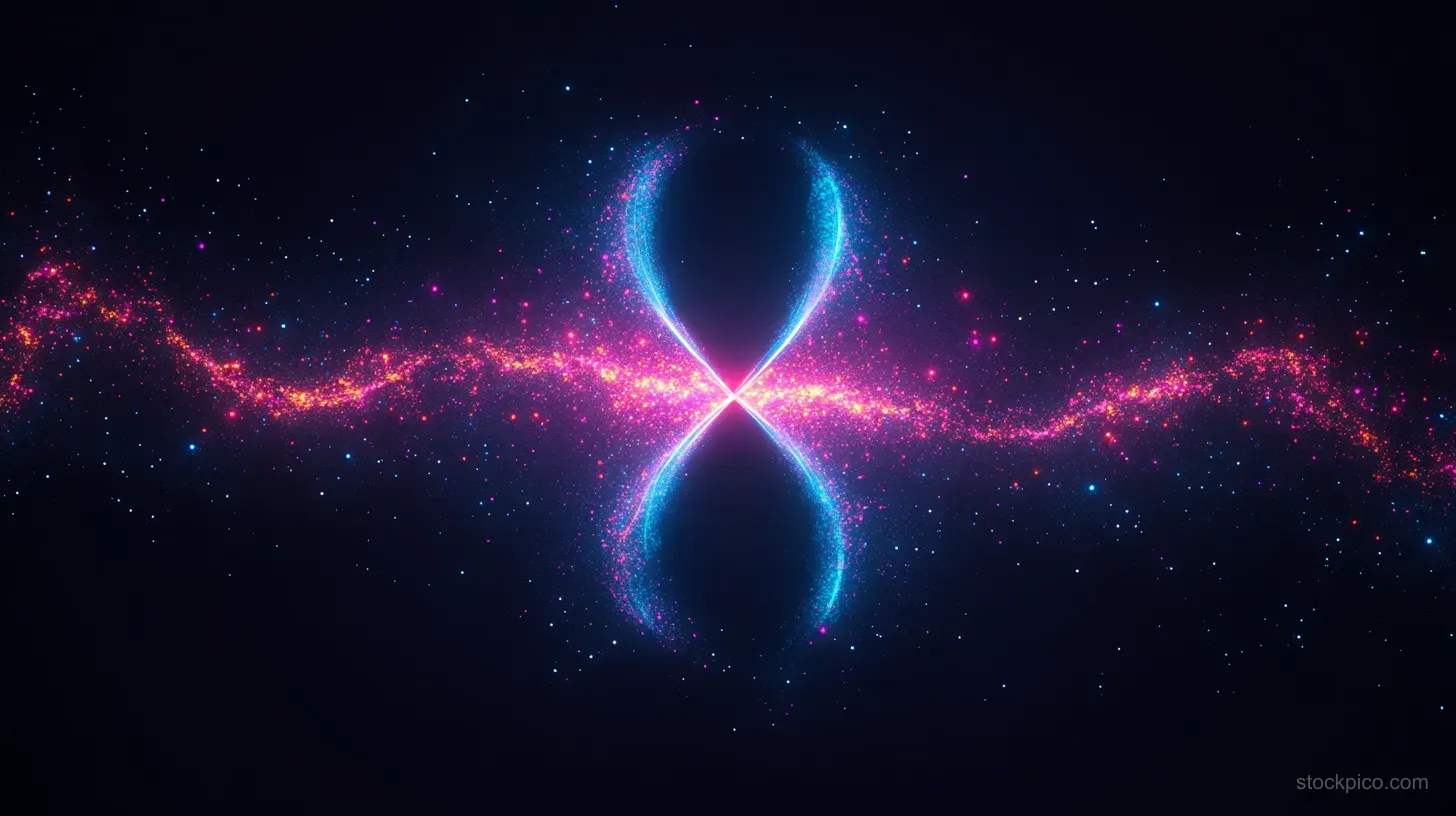 Blue and pink particle infinity symbol glows in the center of a dark starry cosmic background.