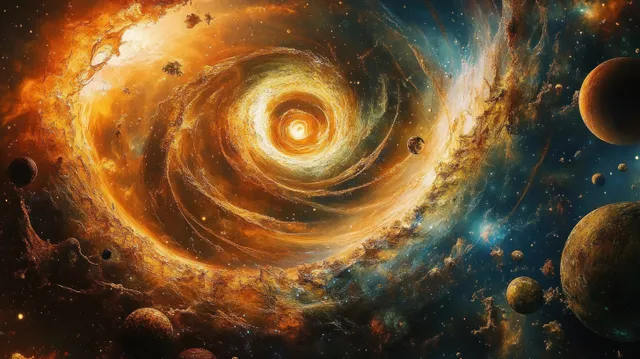 Swirling galaxy core with colorful nebula dust, planets, and glowing orbital light