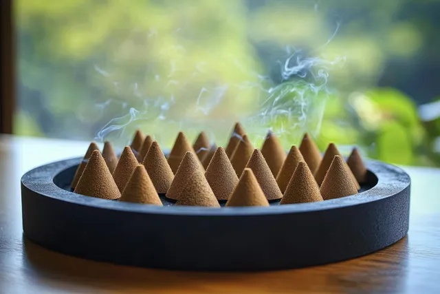 Conical moxa cones in a round incense holder on a wooden table, soft natural light