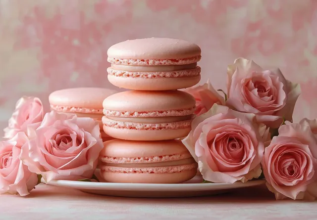 A stack of pale pink macarons sits on a white plate beside soft pink roses with a blurred pink floral background.
