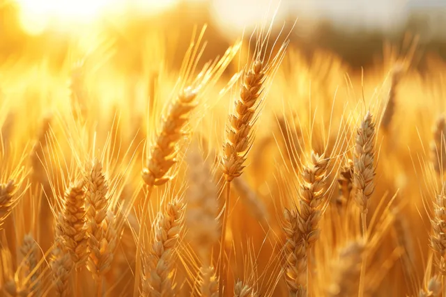 Golden wheat heads sway in bright sunlight across a summer field under a blue sky.