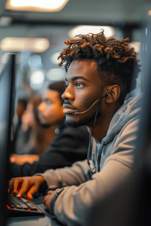Student typing at a computer in a lab with blurred classmates studying in the background.
