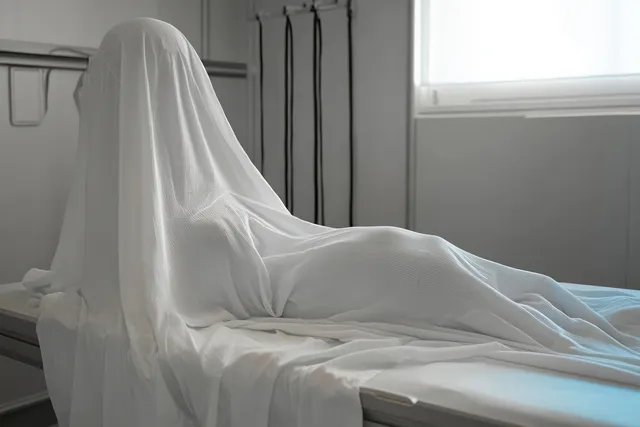 A covered patient lies still on a medical examination table beneath a translucent white sheet in a bright clinic room.