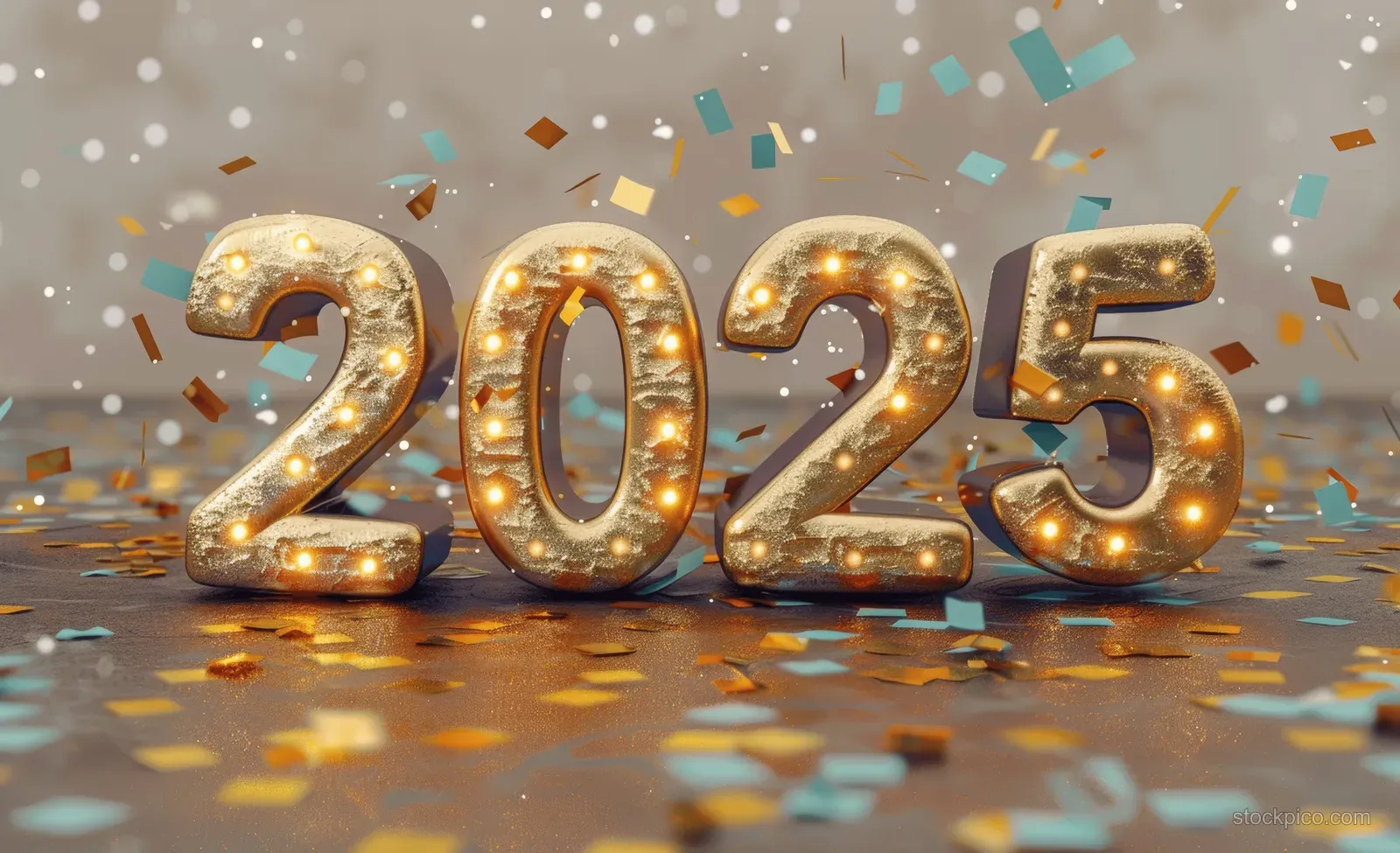 Glowing 3D golden 2025 numerals on a warm brown background surrounded by colorful confetti pieces.