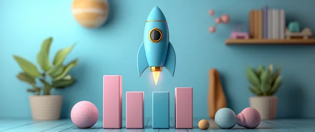 A rocket launches beside a colorful 3D growth bar chart on a pastel desk with office items behind it.