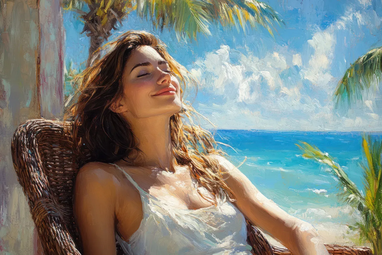 A woman reclines in a wicker chair on a sunlit patio with palm fronds and a bright ocean view behind her.