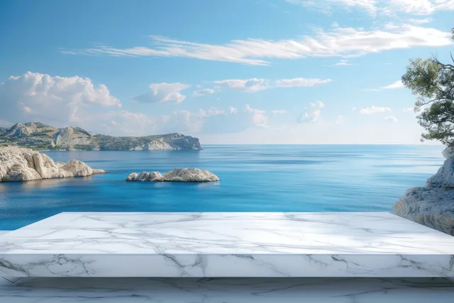 Marble white tabletop on seaside cliff with turquoise ocean view and copy space