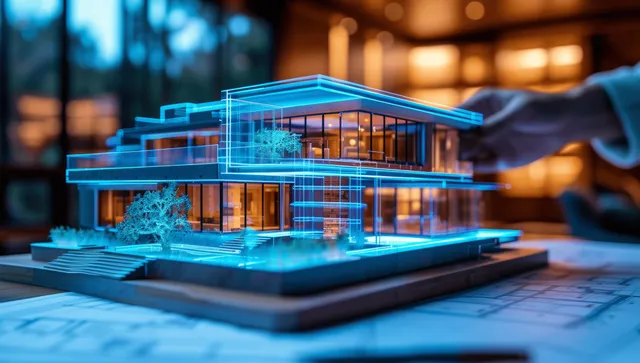 A glowing blue holographic building model overlays construction blueprints on a desk.