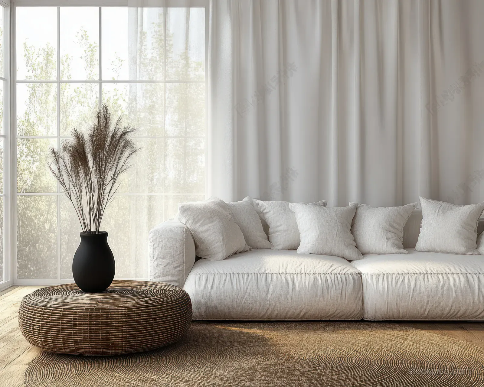 White sofa and woven rattan coffee table with a vase of dried grass in a sunlit Scandinavian living room.