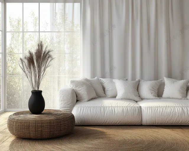 White sofa and woven rattan coffee table with a vase of dried grass in a sunlit Scandinavian living room.