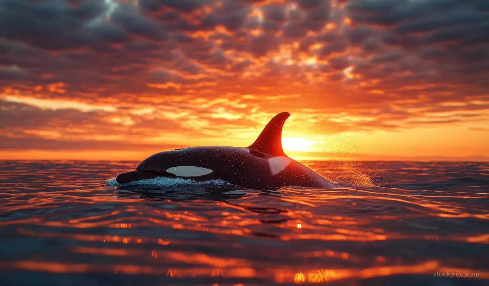 An orca swims at sunset in a snowy Norwegian fjord with glowing orange reflections on the water.