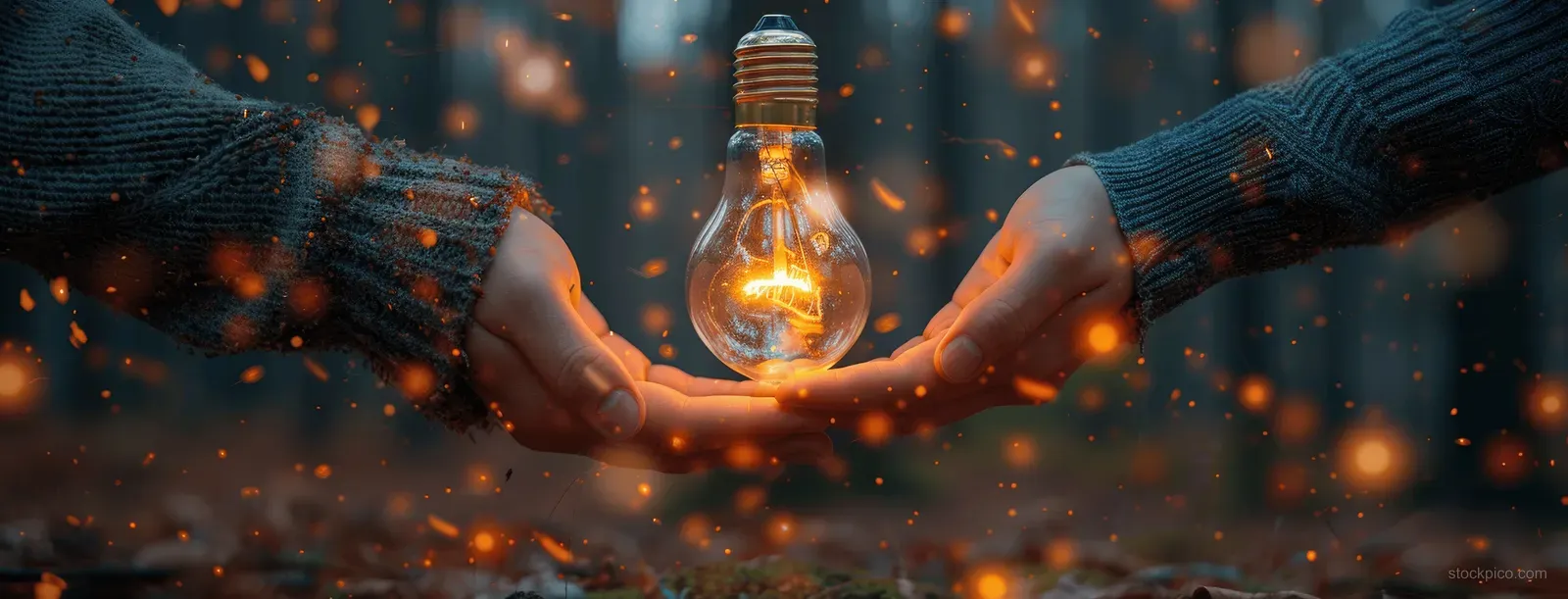 Two people hold hands toward a glowing light bulb amid warm spark particles suggesting shared ideas.