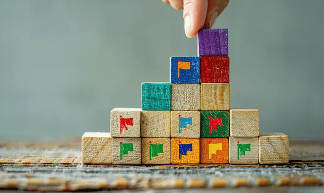 A hand stacks colorful blocks into a stepped milestone structure on a tabletop.