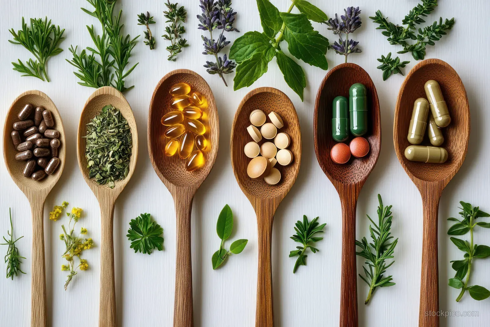 Wooden spoons hold capsules and dried herbs while fresh green herb sprigs sit on a white background.