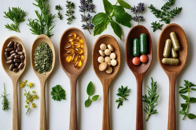 Wooden spoons hold capsules and dried herbs while fresh green herb sprigs sit on a white background.